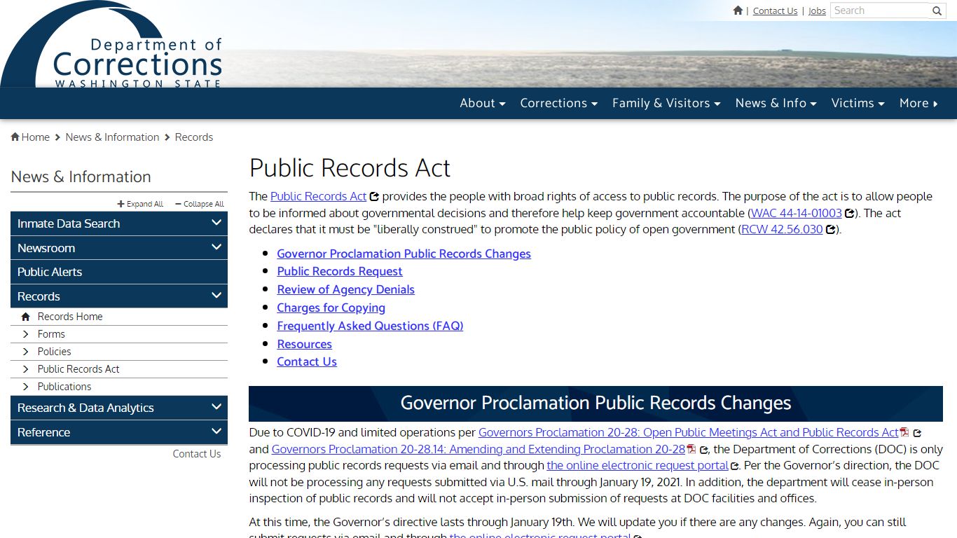 Public Records Act | Washington State Department of Corrections